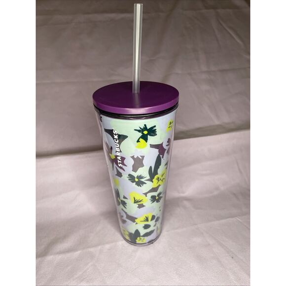Starbucks 24 oz. Cold Beverage Tumbler Purple Green Pansy Floral Pattern - Picture 2 of 3